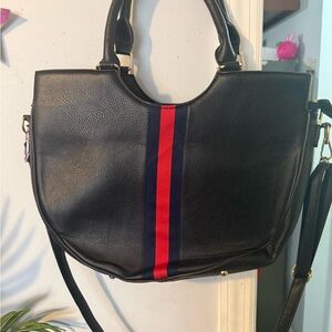 Black Tote Bag with Red and Navy Stripe - Women's Shoulder Bag